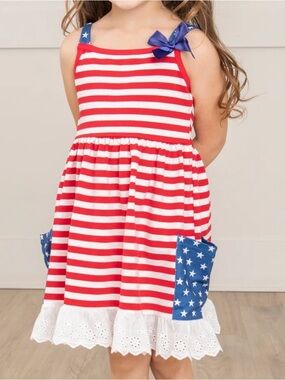 Marie Nicole Girls' America Red & White Striped Sundress Blue Star Pockets small